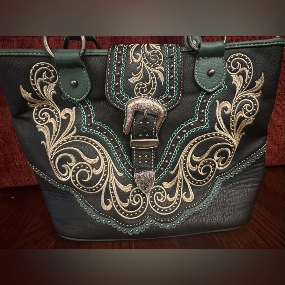 Montana West Buckle Shoulder Tote Purse Concealed Carry Rhinestones Black Blue - Picture 2 of 11